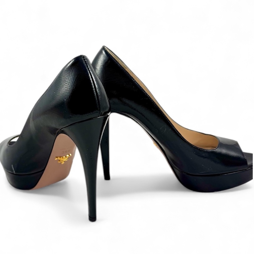 PRADA Vernice Saffiano leather peep toe platform pumps black size 39.5 - Picture 3 of 16